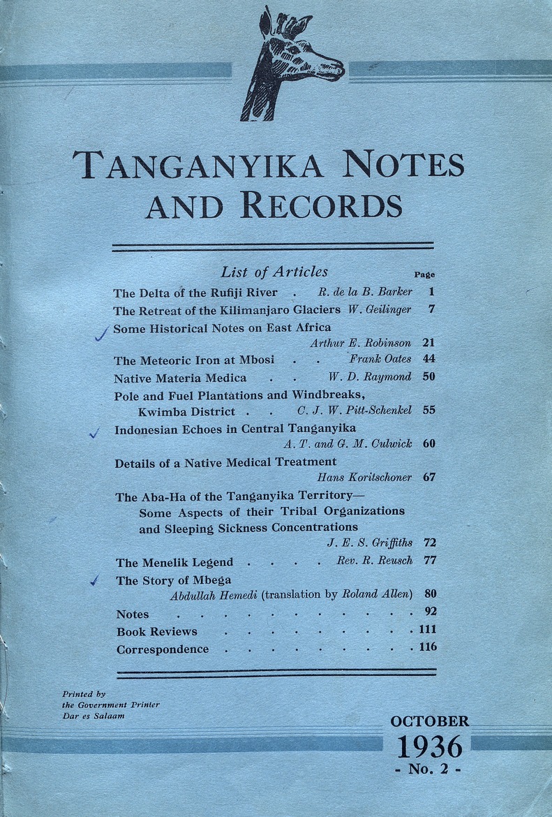 Tanganyika notes and records - digital page 1