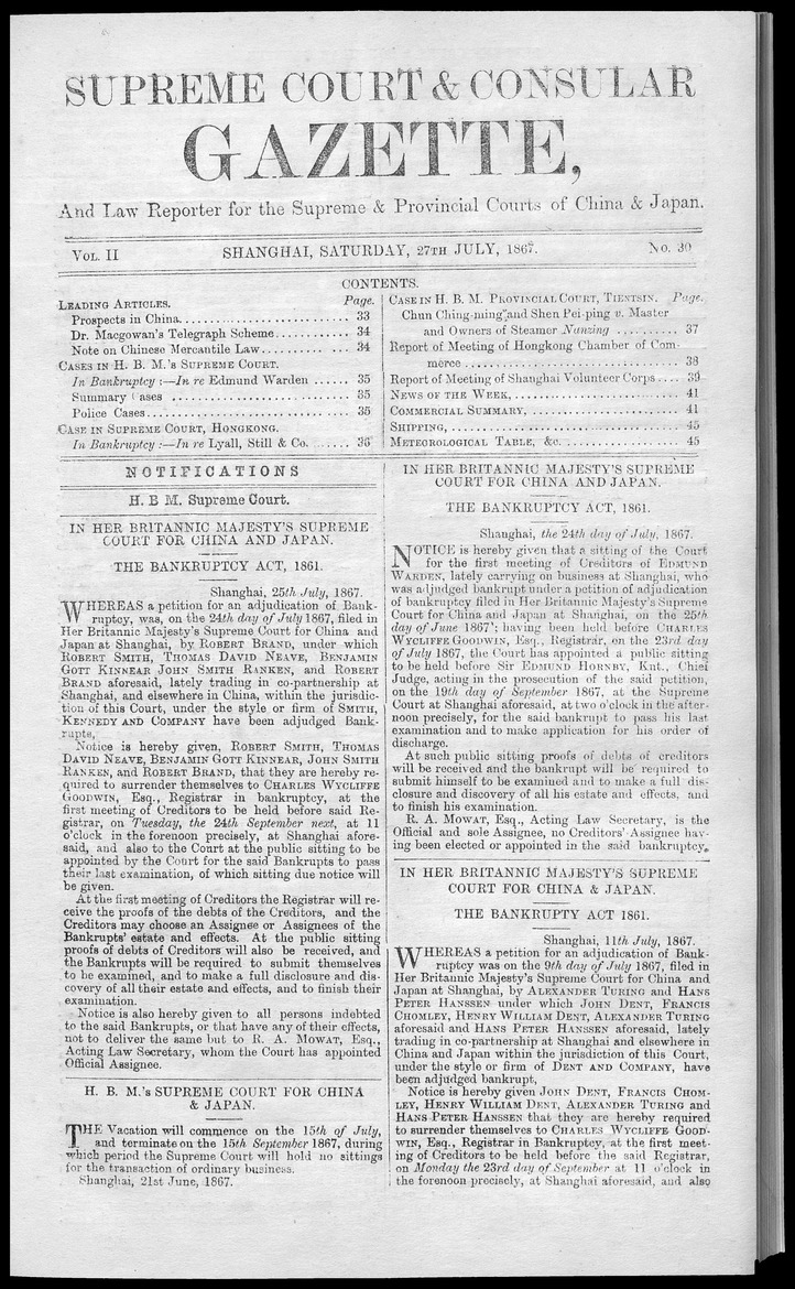 Supreme Court and consular gazette, and law reporter for the Supreme & provincial courts of China & Japan - 