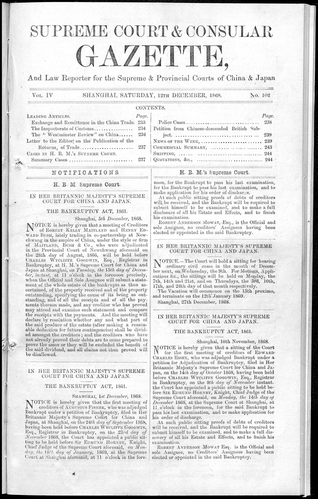 Supreme Court and consular gazette, and law reporter for the Supreme & provincial courts of China & Japan - 