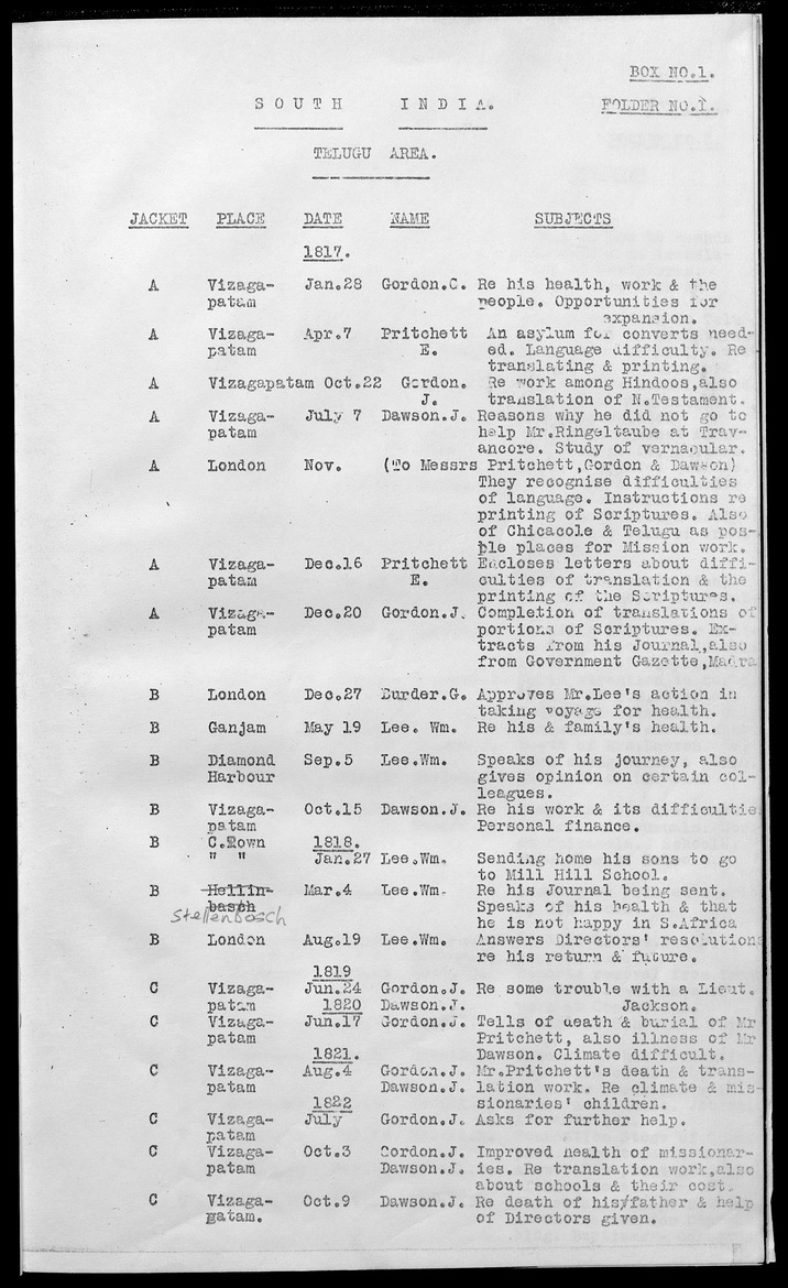 London Missionary Society handlists - 