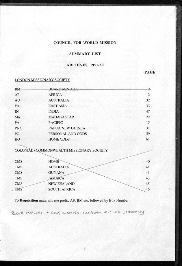 London Missionary Society handlists - 