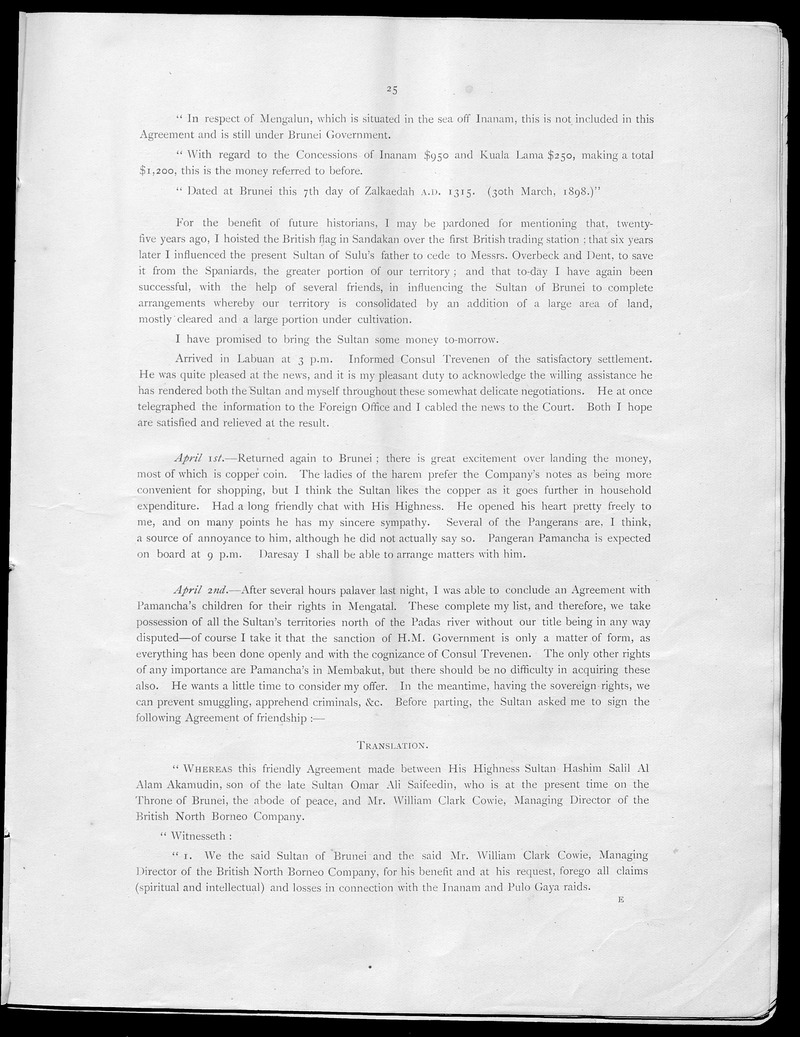 Brief daily record by W.C. Cowie, (managing director of the British North Borneo Company), of matters in connection with his recent mission to Borneo - 