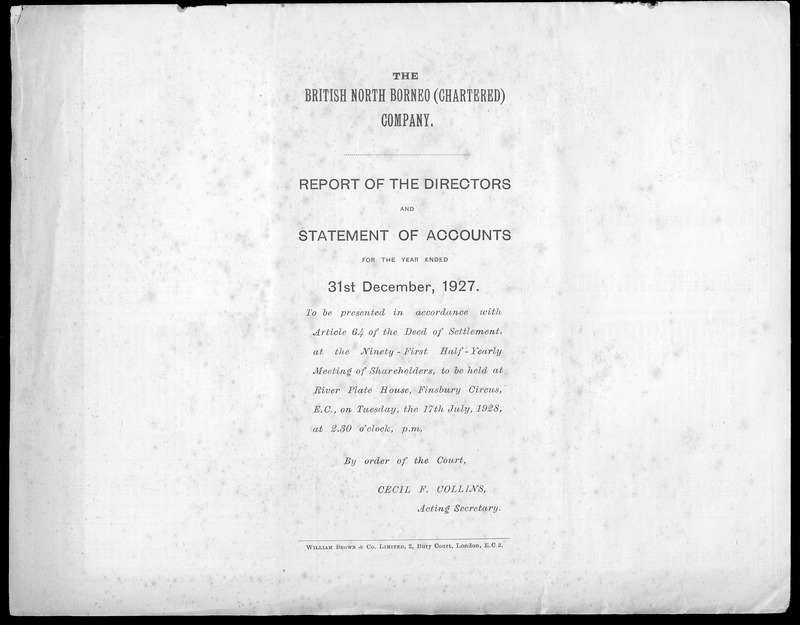 British North Borneo (Chartered) Company report of the Directors and statement of accounts for the year ended 31st Decmeber, 1927 - digital image 1