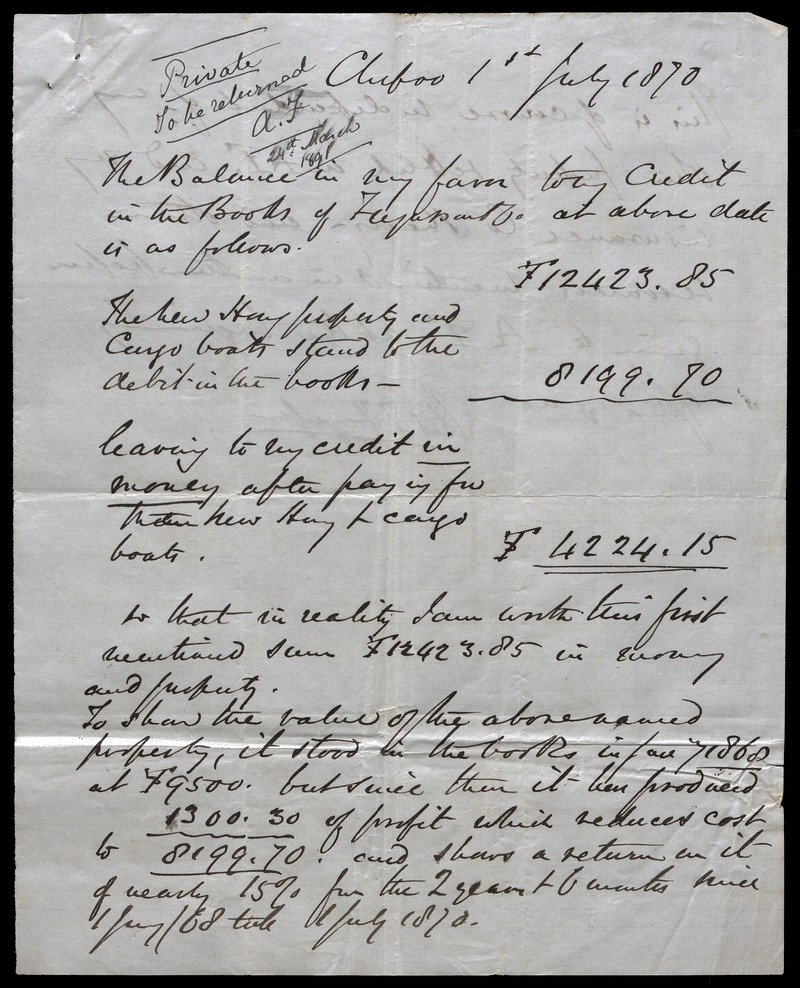 Statement of property accounts regarding A.F., Chefoo, 1 July 1890 - digital image 1