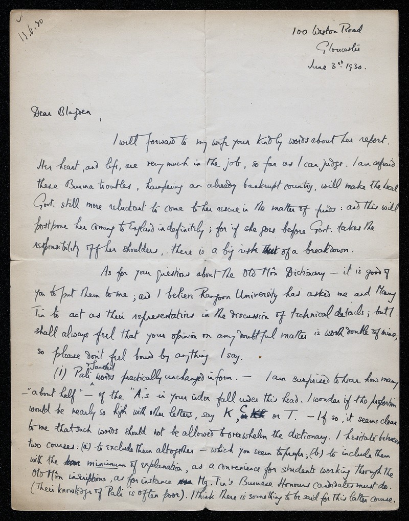 [Letter from G. H. Luce to Blagden, June 3rd, 1930] - 