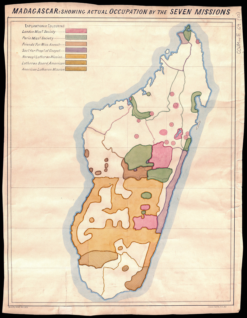 Madagascar showing actual occupation by the seven missions - 