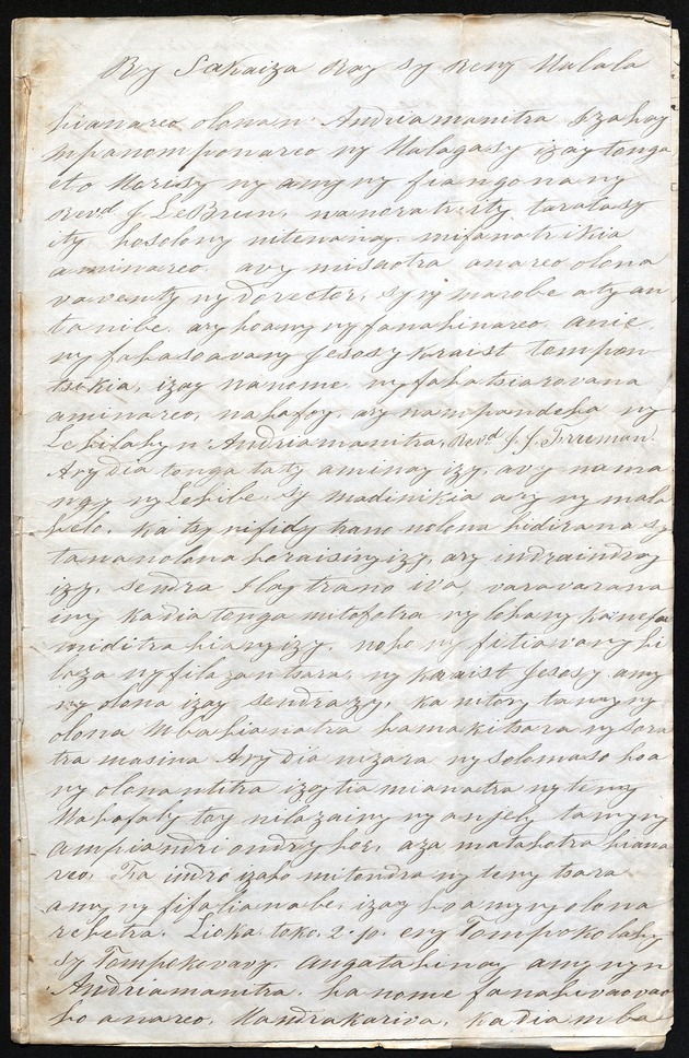 Letter in the Malagasy language from Radalo, his wife and 4 children, dated 19 September 1850, Moka, Johnstown [Mauritius] - digital image 1