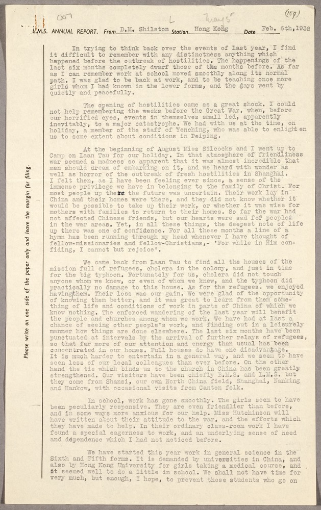 Report by Dorothy Shilston, Hong Kong, 6 February 1938 - 
