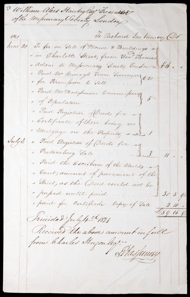 Accounts, Wiliam Alers Hankey, treasurer of the Missionary Society London to Richard James Jenney, 4 July 1821