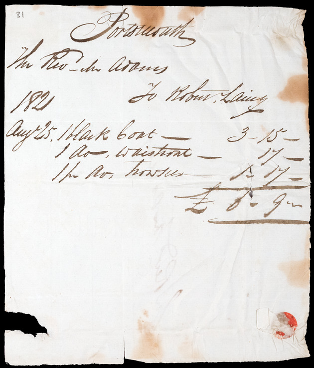 Rob laing's bill for clothes, to Thomas Adam, Portsmouth, [1821] - digital image 1
