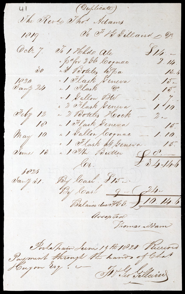 Accounts, Rev Thomas Adam, to F. & G. Gillaird, 19 June 1821