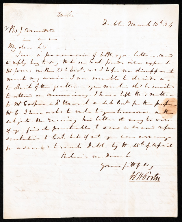 Letter from J. M. Trew, 10 March 1834, Dublin, Ireland - digital image 1