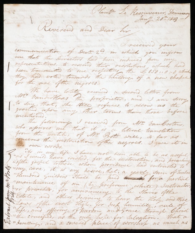 Letter from John Smith, 20 January 1819, Plantation Le Resouvenir - digital image 1