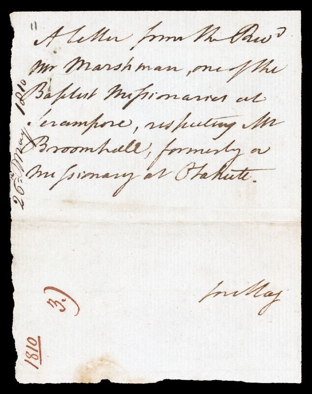 Letter from Carey Marshman, 26 May 1811 Serampore - 