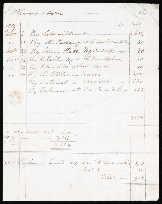 Letter from Robert Morrison, November 1819, Canton - 