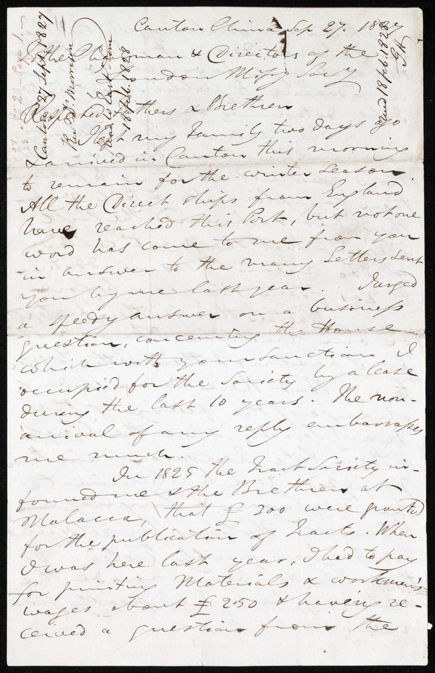Letter from Robert Morrison, 27 September 1827, Canton - 