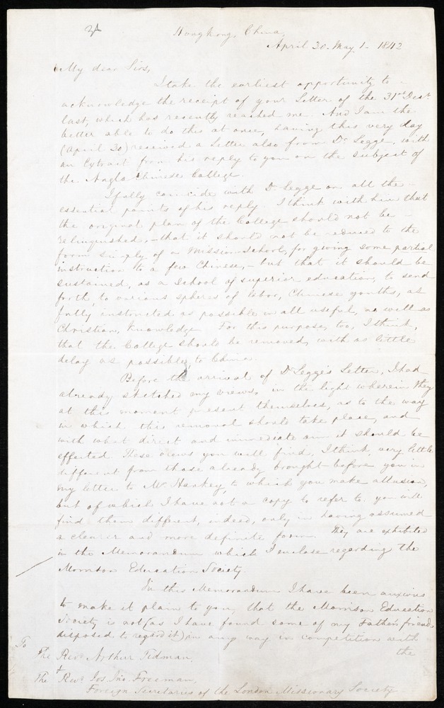 Letter from Robert Morrison, 01 May 1842, Hong Kong - 