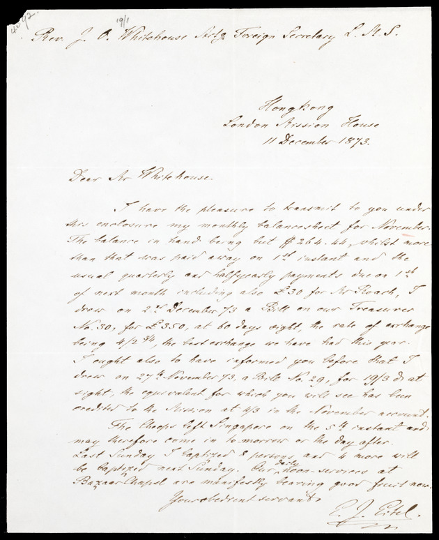 Letter from Ernest John Eitel, 11 December 1873, Hong Kong - 