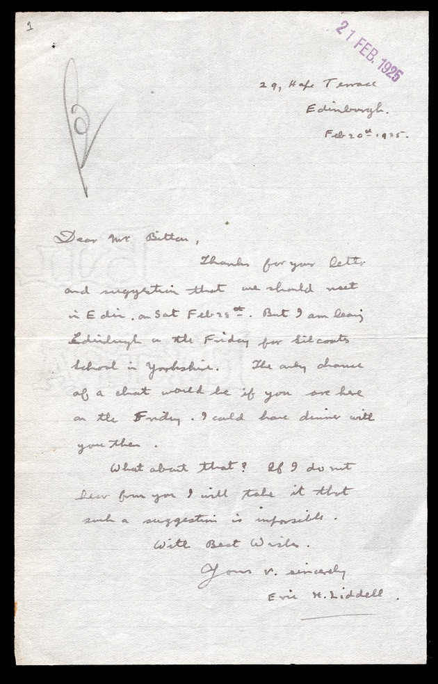Letter from Eric Liddell to William Nelson Bitton, 20 February 1925, Ediburgh - 