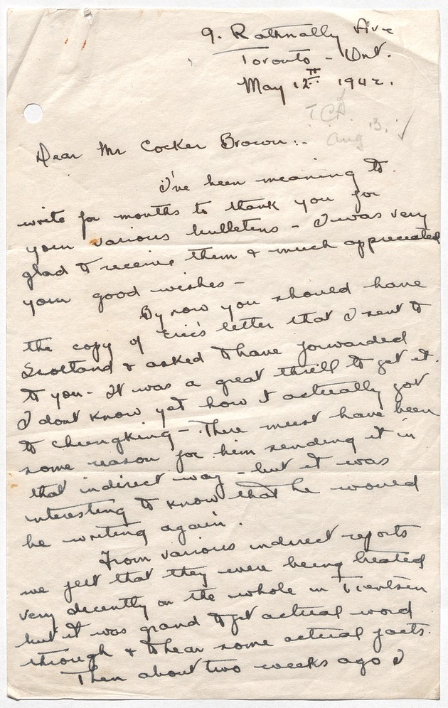Letter from Florence Liddell to Thomas Cocker Brown, 12 May 1942, 9 Rathnally Ave., Toronto, Canada - 
