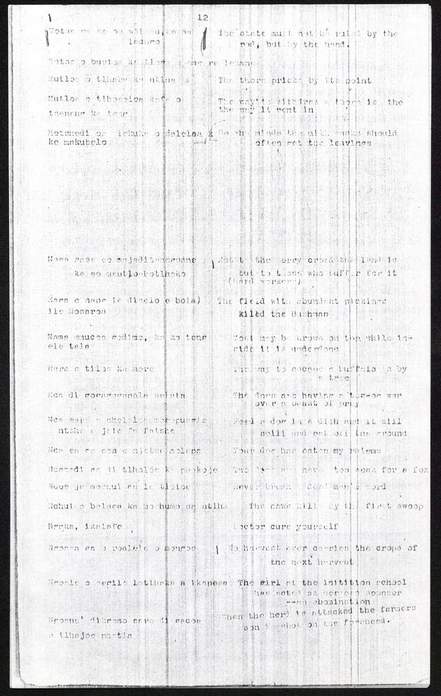Photocopy of additional Sechuana proverbs (unpublished) with English translations - digital image 21
