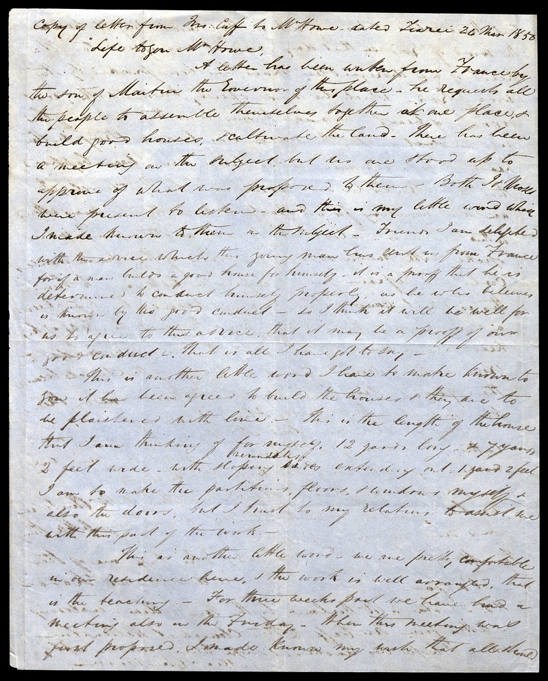 Copy of a letter from John Cuff dated 1850 March 24, to William Howe - 