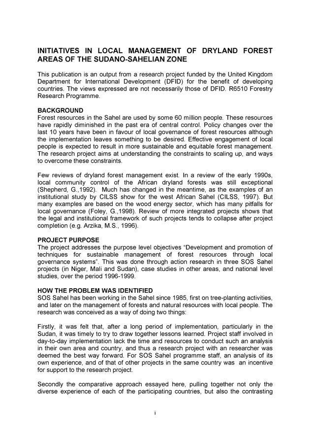Initiatives in local management of dryland forest areas of the Sudano-Sahelian zone - 