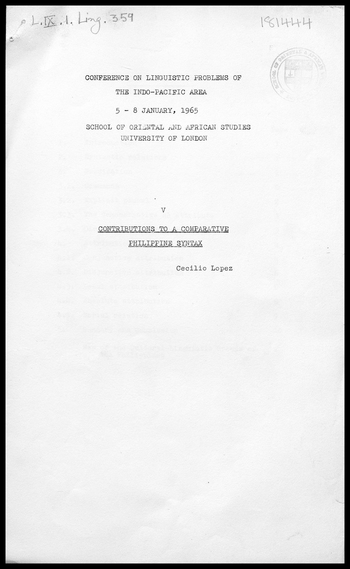 Contributions to a comparative Philippine syntax - 