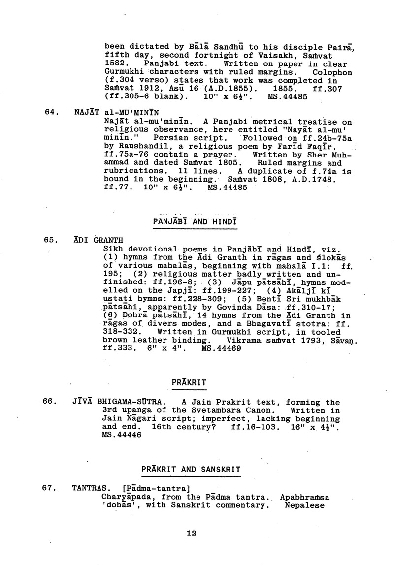 Handlist of the manuscripts in South Asian languages in the Library - 