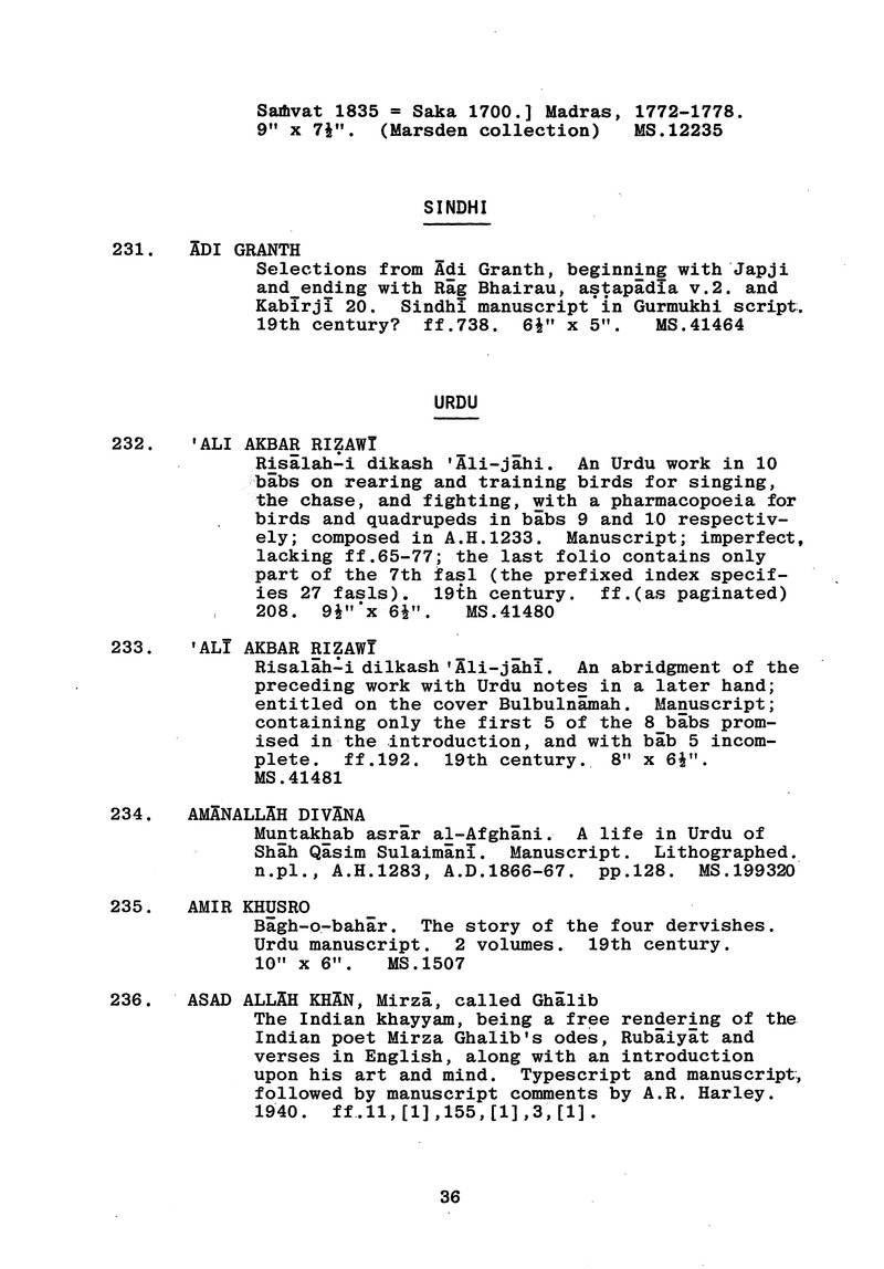 Handlist of the manuscripts in South Asian languages in the Library - 