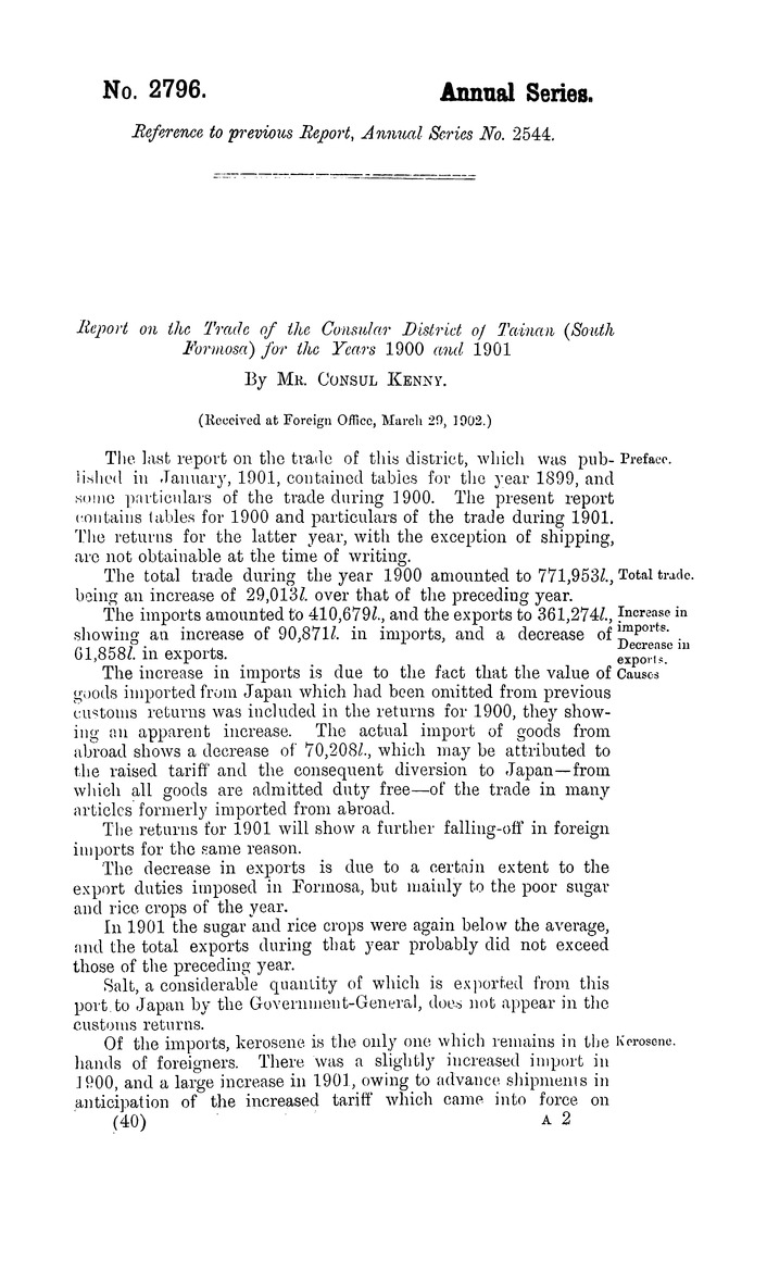 Japan : Report for the years 1900 and 1901 on the trade of the consular district of Tainan (South Formosa) - 