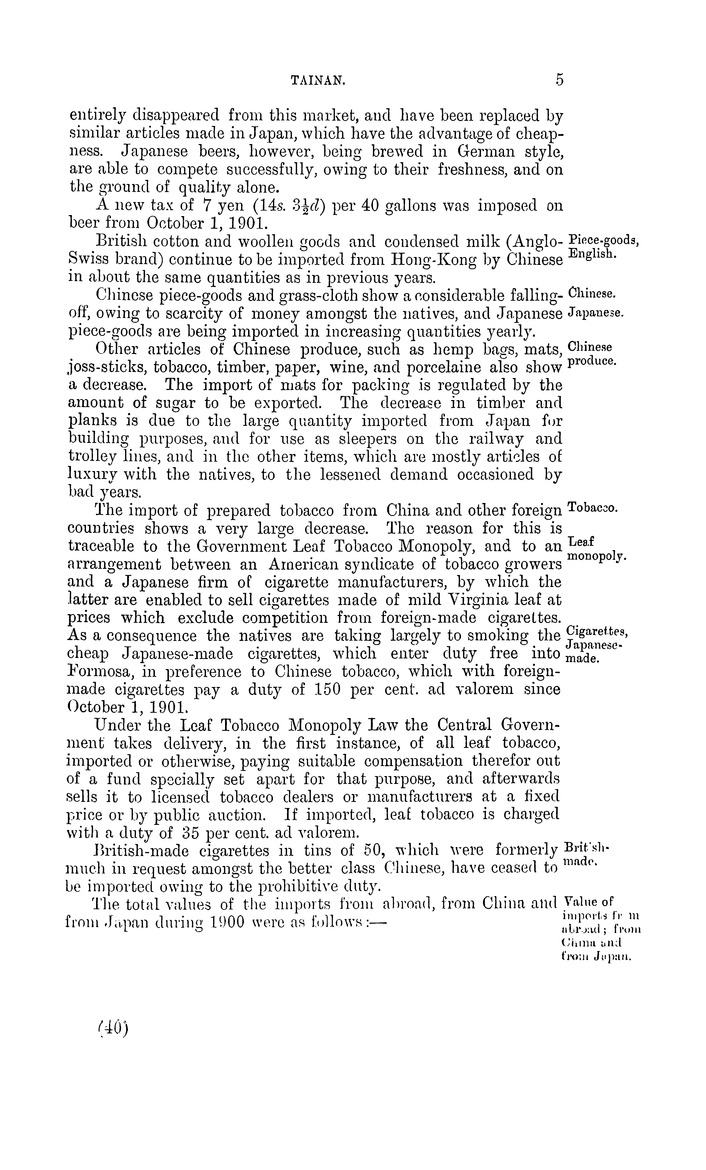 Japan : Report for the years 1900 and 1901 on the trade of the consular district of Tainan (South Formosa) - 