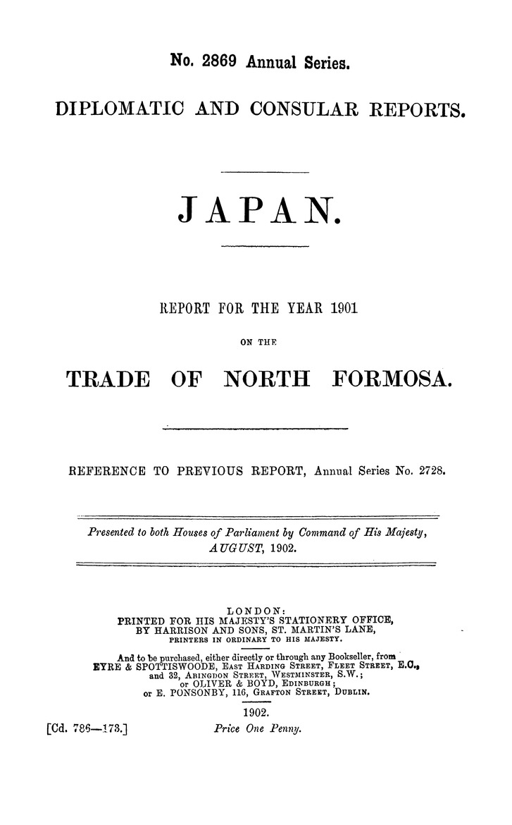 Japan : Report for the year 1901 on the trade of North Formosa - 