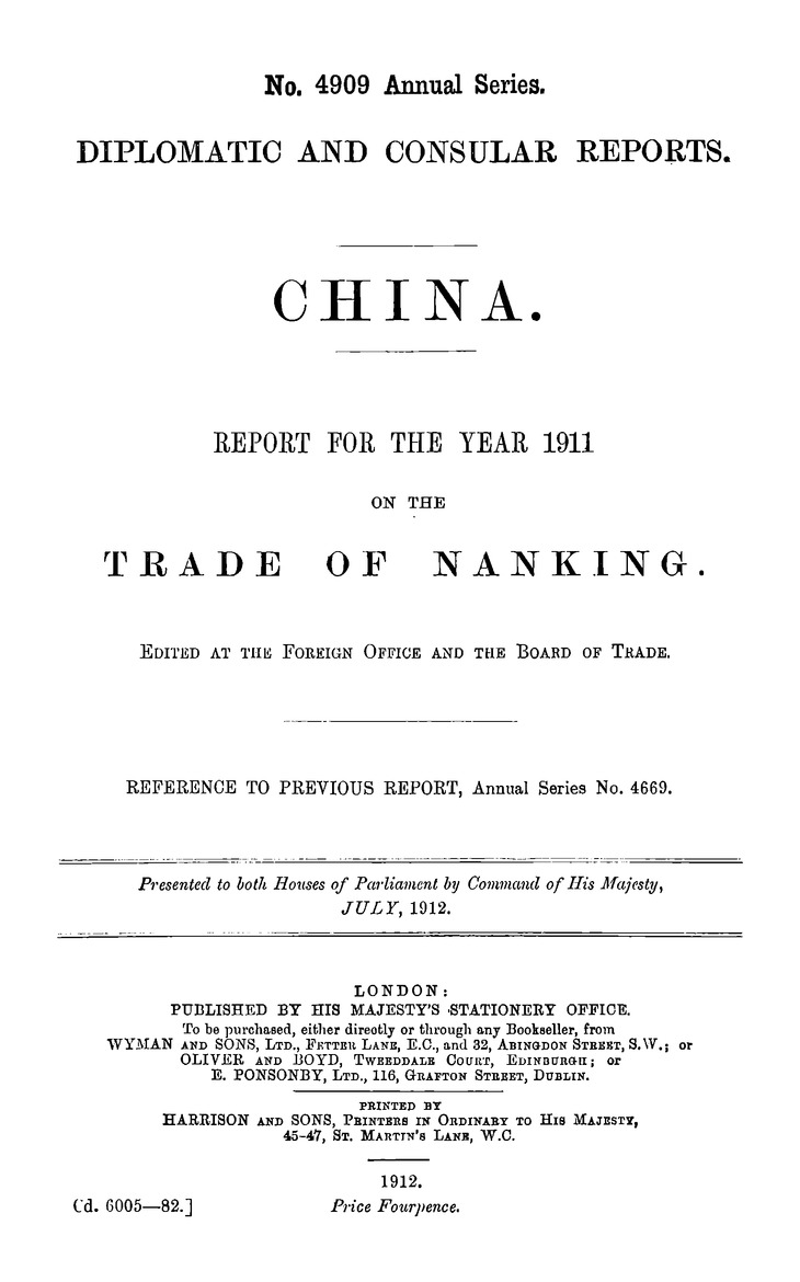 China : Report for the year 1911 on the trade of Nanking - 