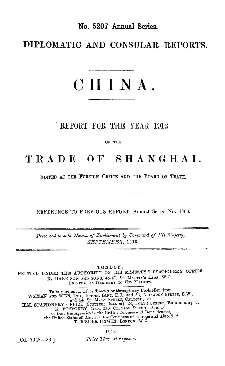 China : Report for the year 1912 on the trade of Shanghai - 