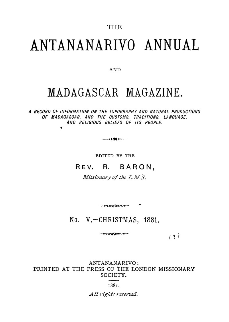 Antananarivo annual and Madagascar magazine - Page i