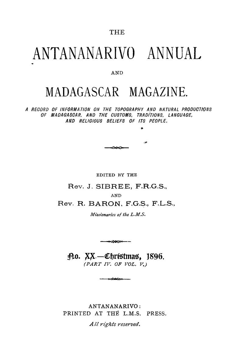 Antananarivo annual and Madagascar magazine - Page i