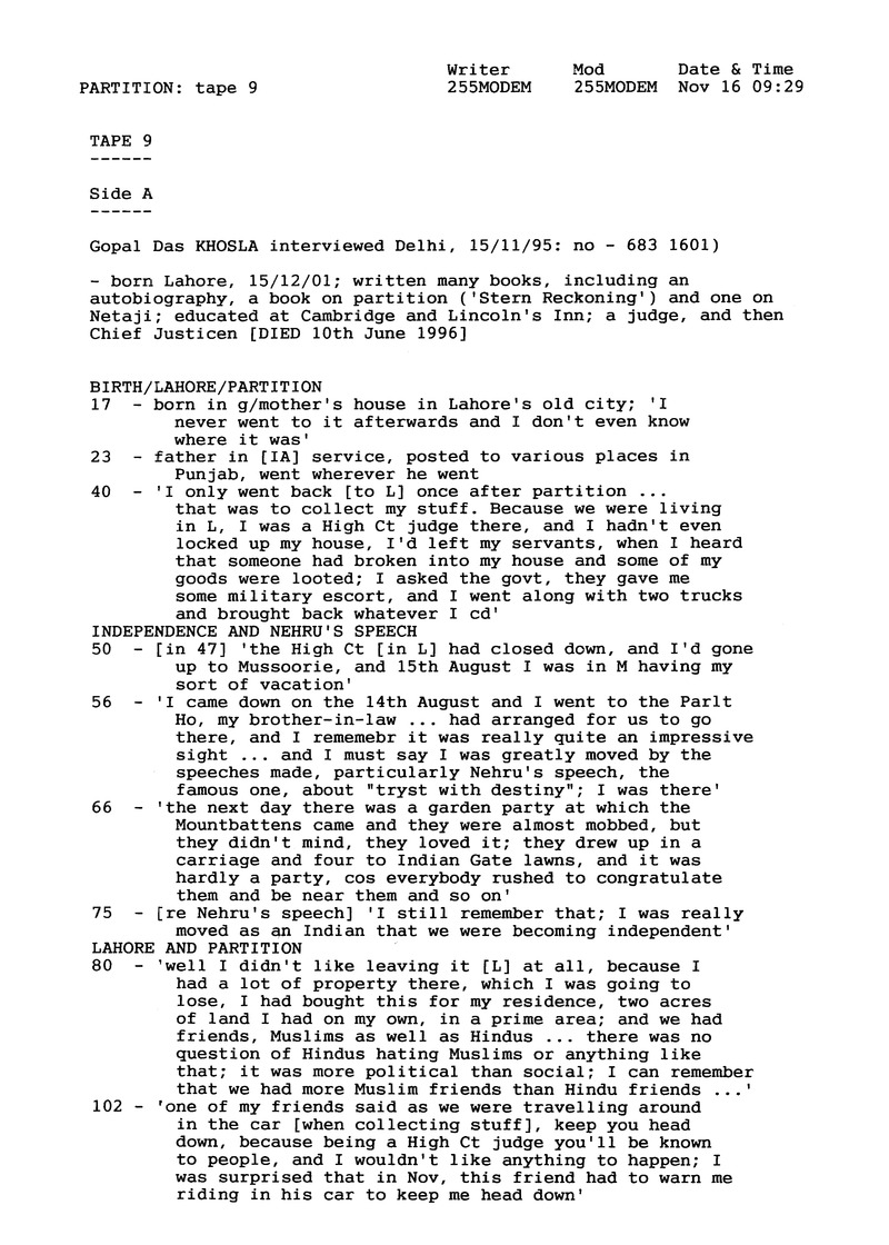 Interview with Gopal Das Khosla [sound recording] - Page 1