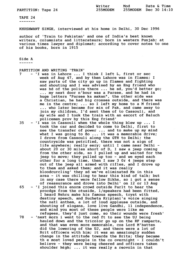 Interview with Khushwant Singh [sound recording] - Page 1