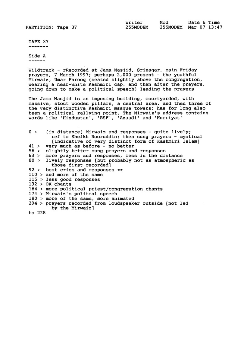 Interview with Soofi Ghulam Mohmmed & recordings at Jama Masjid, Srinagar [sound recording] - Page 1