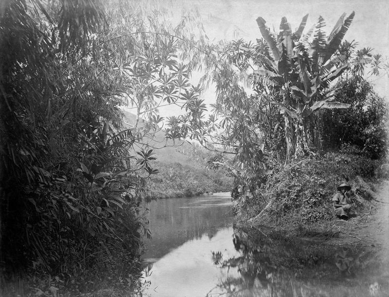 Man seated beside a river ford - 