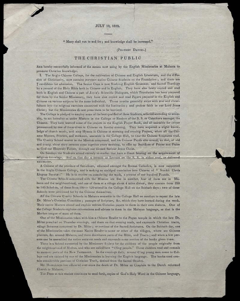 Christian public are hearby respectfully informed of the means now using by the English missionaries at Malacca to promote Christian knowledge - 