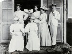 Photograph, two men and four women pose outside a house ("Kuliang Cottage") in the highlands