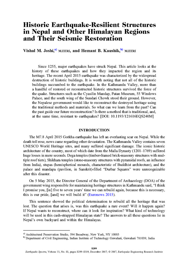 Historic earthquake-resilient structures in Nepal and other himalayan regions and their seismic restoration - 