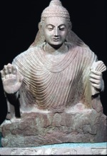 Seated Buddha, Kuá¹£Äá¹‡a period, found in 1976 at Govind Nagar Now at Mathura Government Museum (Acquisition Number 76.17)
