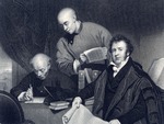 Copy engraving of Li Shigong, Chen Laoyi, and Rev Dr Morrison translating the Bible into the Chinese language