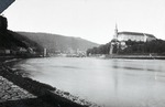 Photograph, view of the river Labe (Elbe), bridge and castle in DÄ›Äín, Czech Republic